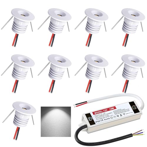 DYKUWEY 9 Pack Mini Downlight LED Techo Empotrable 1W, 12V IP65 Focos LED, Focos para el techo, para Baño,Cocina,escaparate,armario,dormitorio,Diámetro 22mm,agujero16mm (Blanco,Blanco Frío 6000k)