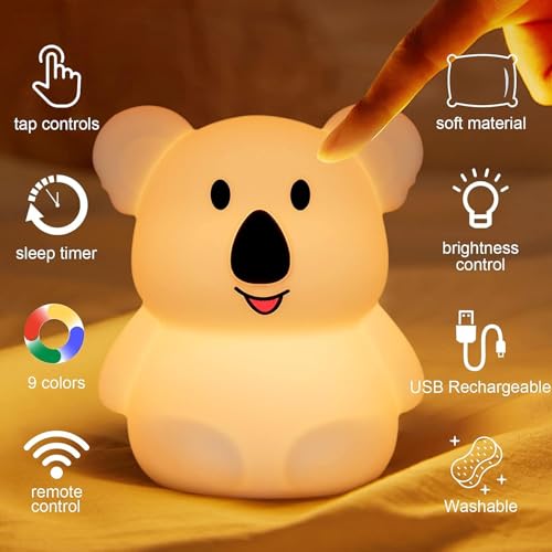 Image of MUID Koala Silicone Night Lamp | Rechargeable Nursery Night Light for Kids, Portable Color Changing LED Nightlight - Break Resistant, Eye Caring, Adjustable Brightness & Color and Time Setting