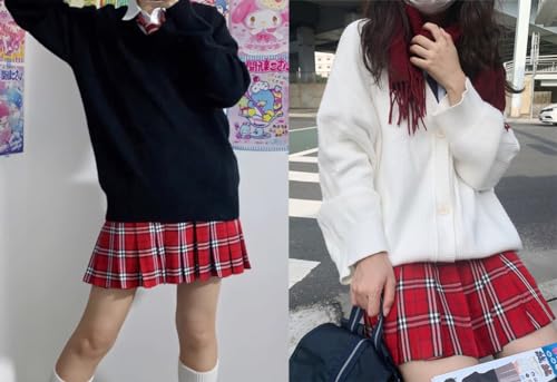 Beautifulfashionlife Women's Japan School Solid Pleated Uniform Fancy Skirts (S,Red White)
