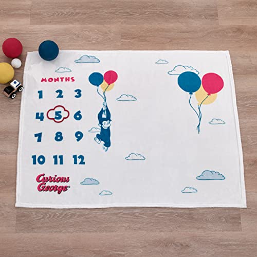 Image of Welcome to The Universe Baby Curious George White, Blue, Red, and Yellow Balloons and Clouds Super Soft Milestone Baby Blanket