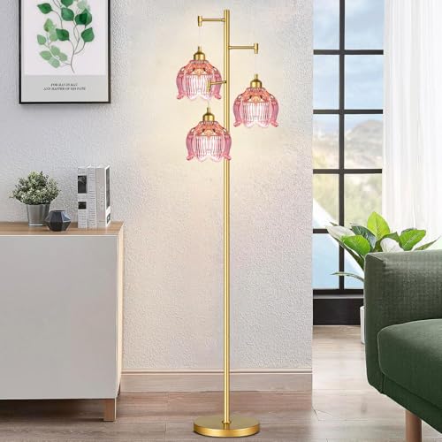 Image of ILLMTW Glass Floor Lamp for Living Room,Bedroom,Gold Flower Mid Century Modern Standing Lamp Brass Tree 3 Light Tall Floor Lamps Vintage Floor Lights Pink Lamp Shade Farmhouse Boho Bohemian