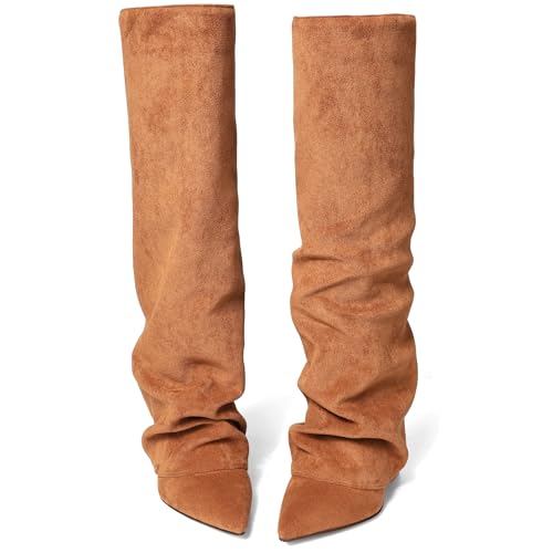 Image of Synchoiss Fold Over Knee High Boots Women Wide Calf Chunky Heel Shark Boots | Faux Leather Slouchy Boots, Pointed Toe, Side Zipper, Fashion Tall Boots for Evening Bridal Office Fall and Winter Outfits