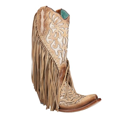 CORRAL LADIE'S SADDLE LAMB INLAY & EMBROIDERY & STUDS & FRINGES, SNIP TOE, LEATHER SOLE, WESTERN, C37662