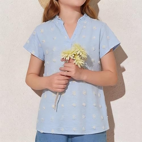 Image of Girls Shirts Short Sleeve Chiffon Shirts Swiss Dot Blouses Top Teen Girls V-Neck Tunics Tee Size 9-14 Years
