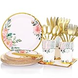 Floral Paper Plates Party Supplies, Bridal Shower Plates and Napkins Sets 192Pcs, Tea Party Plates Serves 24, Garden Disposable Plates for Baby Shower Birthday Wedding Party Decorations