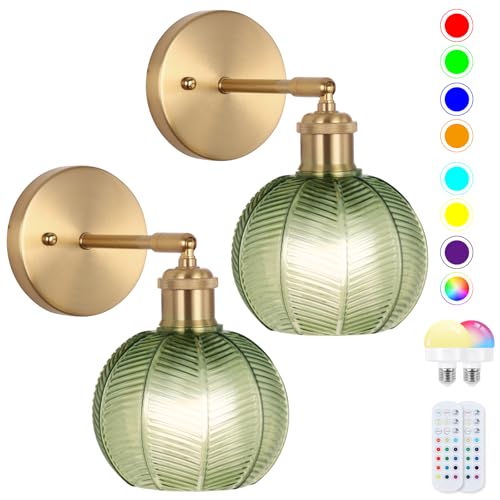 Image of Vintage Wall Sconce Set of Two, Battery Operated Wall Sconce with Deep Green Tulip Glass Lampshade Rechargeable Wall Light with Remote Control for Bedroom,Living Room