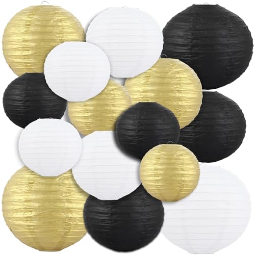 YOUNTHYE 27 PCS Lanterne Papier Noir et Or, Lampion Papier Rond Blanc pour Décoration Anniversaire, Mariage et Nouvel An 2026, Suspension Boule Papier...