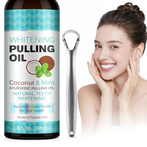 Coconut Oil Pulling for Fresh Breath & Oral Care - Ayurvedic Pulling Oil Kit with 100% Coconut Oil, Tongue Scraper & Measuring Cup - Natural Mouth Rinse Promotes Healthy Gums & Teeth - Alcohol-Free