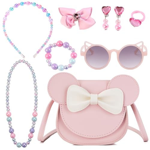 LOTGET Little Girl's Small Mouse Ear Bowknot Crossbody Bag, PU Cute Purse Shoulder Bag Handbag for Girls Birthday Gifts Toys Kids (Pink)
