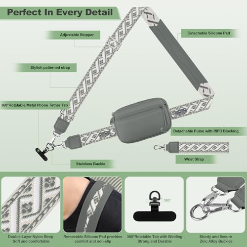 Image of YFWE Clip and Go Strap for Phone with Wallet Crossbody, Adjustable Phone Lanyard with Detachable RFID Wristlet Wallet, Pattern Strap, Grey(M)