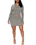 QZOOK Two Piece Outfits for Women Sexy 2 Piece Skirt Sets Sweater Long Sleeve Hoodie Zipper Jacket Bodycon Mini Dress Party Club Night Grey L
