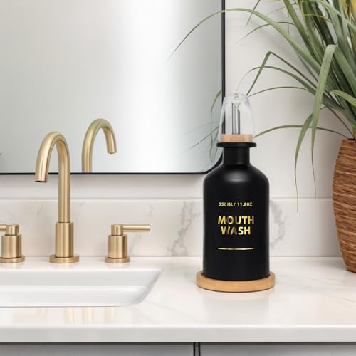 Mouthwash Dispenser for Bathroom 11.8oz – Glass Mouthwash Bottle with Cup & Bamboo Tray, Gold Hot-Stamped Lettering, Silicone Base, Modern Bathroom Accessory (Black)3