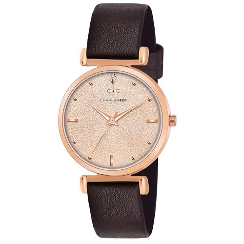 Image of CHARLIEKEEN Women's Analog Watch with Rose Gold Case, Silicone Band, Textured Dial, Crystal Markers