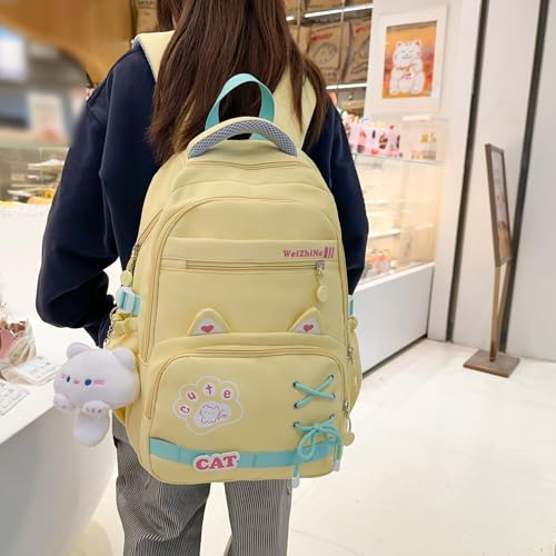 Kawaii Backpack with Cute Accessories Nylon Casual Bookbags with Pendants Lightweight Laptop Bag Travel Daypacks (Yellow)2