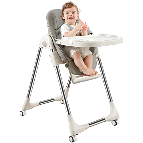 Image of ONOIDM Baby High Chair | Seat Height Adjustable | Folding | with Wheels | with Removable Tray | Portable High Chairs for Babies and Toddlers (Grey)