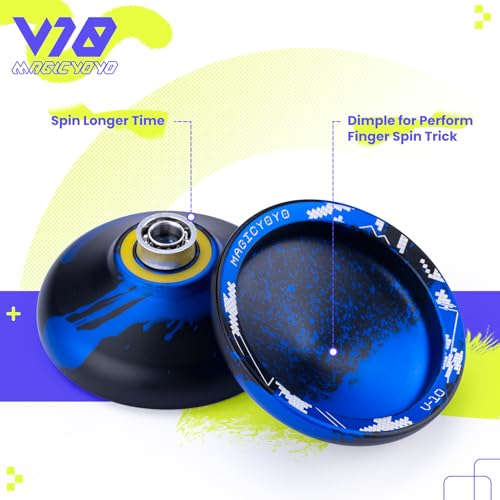 MAGICYOYO V10 Black Blue Unresponsive Professional Finger Spin Yoyo With 12 Strings, Case, and Glove