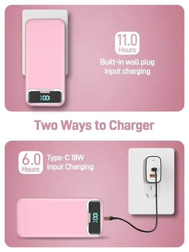 Image of Nusyddy Portable Charger 20000mAh 22.5W w /Built-in Cables & Wall Plug Pink | 22.5W Fast Charging, High Capacity, LED Display, Charge 5 Devices at once, TSA Approved, Compatible with iPhone /iPad /Samsung