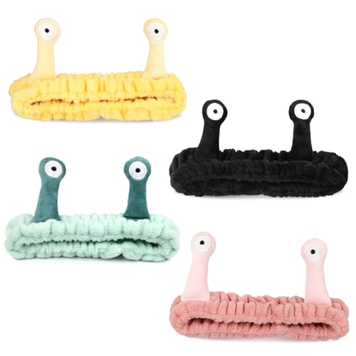 HIKIMA 4Pcs Face Wash Headband Facial Makeup Head Wraps Cartoon Elastic Head Band Cute Snail Shower Headband for Beauty Skincare Sports