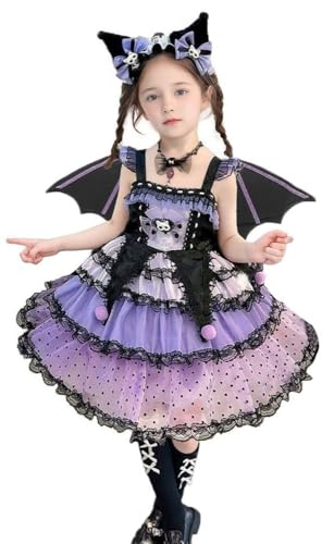 Girls Gothic Lolita Princess Dress Purple and Black Lace Trim Skirt with Bat Wings and Headband for Kids2