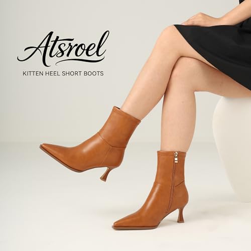 Image of Womens Brown Suede Fall Boots with Side Zip, Ankle, Mid Calf, Pointed Toe, Kitten Heel, Dressy, Short Boots