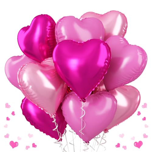 Pink Mixed Heart Balloons 18 Inch 12 Pcs Hot Pink Foil Heart Shape Balloons Light Candy Color Love Balloon Sweet Theme Party Decorations for Girls Women Birthday Wedding Valentines Baby Shower