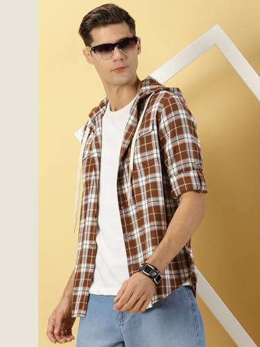 Image of Thomas Scott Men's | Checks | Full Sleeve | Regular Fit | 100% Cotton | Hooded | Casual Shirt