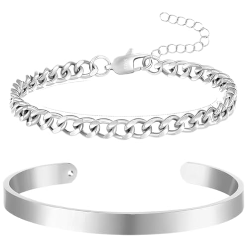 COYUN 2 Pezzi Bracciale Da Uomo In Argento, Bracciale Uomo Argento, In Acciaio Inossidabile Bracciale Da Uomo Set Di Gioielli Da Uomo...
