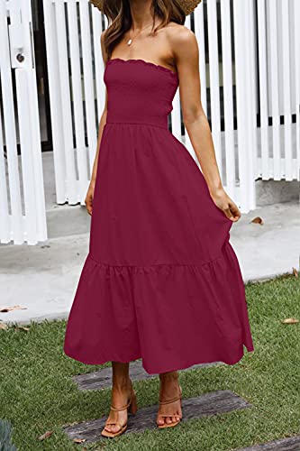Image of ZESICA Women's Summer Boho Strapless Maxi Dress 2026 Casual Off Shoulder Smocked Flowy A Line Beach Holiday Long Dresses
