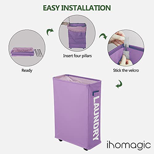 Image of 40L Laundry Hamper Collapsible Fabric for Hotel, Freestanding Flexible Laundry Sorter on Wheels - Slim Storage Bag, Decorative Laundry Baskets for Books, Sundries Storage (Purple)