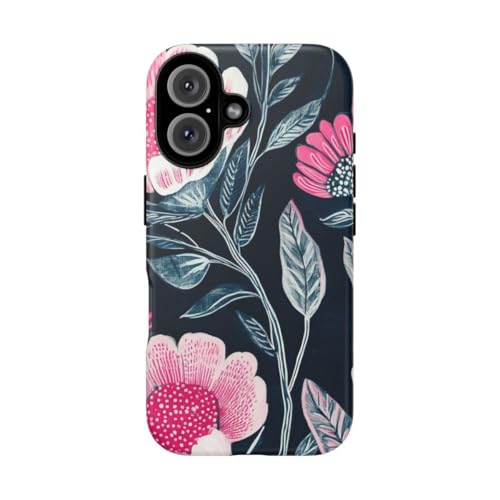 Coque iPhone 16 fleur rose et bleu foncé chic pour le quotidien