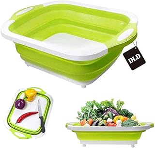 D L D Foldable Cutting Board, Multifunctional Kitchen Portable Camping Kitchen Sink-Foldable Vegetable Washing Basket Silicone Dishes, Used for Barbecue Preparation/Picnic/Camping-Green