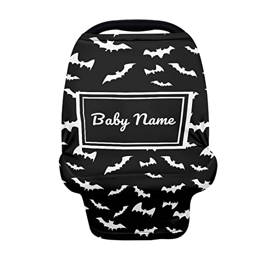 Belidome Halloween Bat Car Seat Covers for Baby Stroller Canopy Custom Baby Name Personalized Stretch Scarf Nursing Scarf Breastfeeding Covers, Black and White