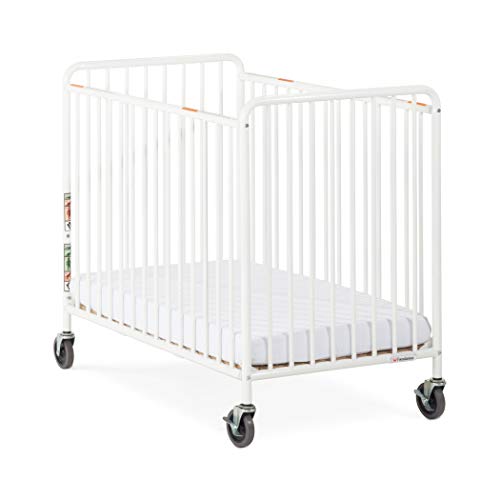 Foundations Chelsea Slatted Metal Evacuation Crib, Compact Mini Size, Oversized Casters, White #1