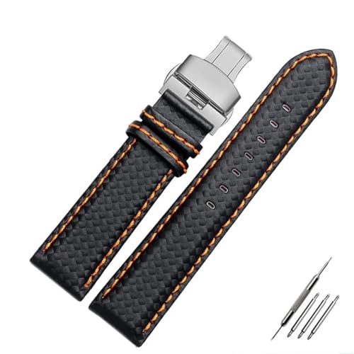 Bracelet en cuir motif fibre de carbone 22mm noir couture rouge pour montre élégante