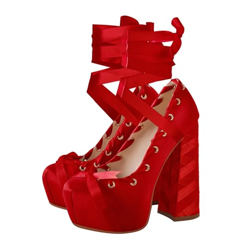 Image of Platform Heels Chunky Bow Ribbon Pumps