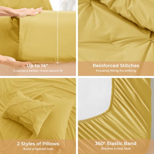 Image of Sasttie Queen Comforter Set, 7-Piece Bed in a Bag, Pintuck Bedding Sets for All Season, Includes Comforter, Flat Sheet, Fitted Sheet, Pillowcases and Pillowshams, Mustard Yellow