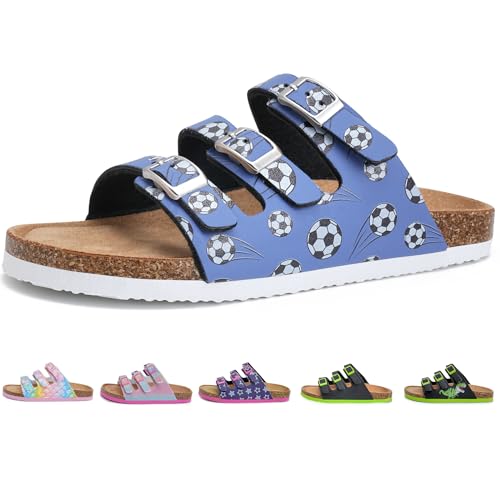 Torotto Pantoletten Kinder Mit Kork Hausschuhe Mädchen Jungen Schlappen Riemen Verstellbare Schnalle Rutschfeste Pantoffeln für Drinnen und Draußen(Blauer Fußball 33EU)