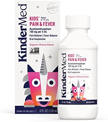 KinderMed Kids' Pain and Fever with Acetaminophen, Children's Pain Reliever and Fever Reducer, Organic Cherry Flavor, 4 Fl Oz