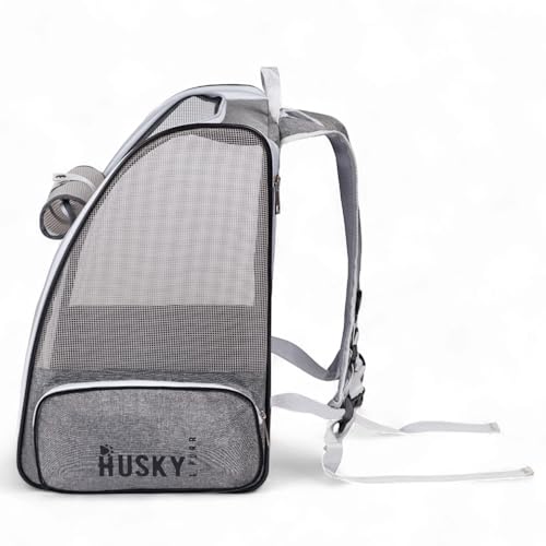 Image of Husky & Purr Cat Bag Carrier Backpack, Grey | Collapsible, Breathable Pet Carrier Backpack | Mesh Ventilation Cat Carrier Bag for Travel, Up to 8kgs