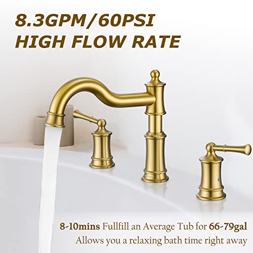 Winkear Roman Bathtub Faucet Deck Mount Tub Faucet For Bathroom Widespread Elegant Classic Spout With 3 Holes 2 Handle Valve Cartridge Included,Brush Gold #TOP2