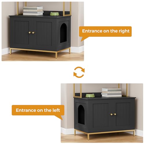 Homhedy Cat Litter Box Enclosure, Litter Box Furniture Hidden with 2-Tier Storage Shelves, Wooden Cat Washroom Furniture with Metal Frame, Modern Style, Black and Gold