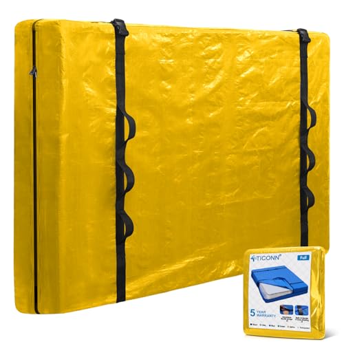 TICONN Mattress Bags for Moving, Heavy Duty Full Mattress Cover Storage Bag with Full-Around Handle and Adjustable Buckles (Yellow, Full) Yellow Full