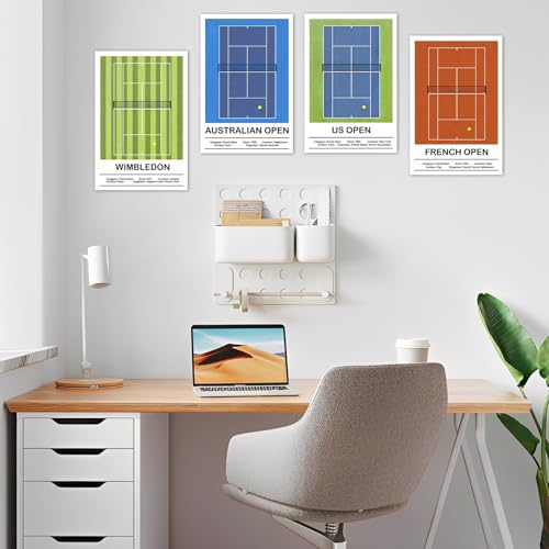 Fychuo 4 Stück Tennis Poster Set 30x20 cm, Leinwand Grand Slam Infografik Sport Bilder, Tennis Geschenk für Tennisspieler, Tennisplatz Wandbilder für Wohnzimmer, Schlafzimmer Wanddekoration