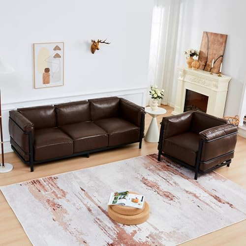 Image of 2 Piece Living Room Sofa set, Mid-Century Modern Upholstered Couch Chair Faux Leather Sofa Couch with Iron Frame and Upholstered Armrest Backrest Cushion for Living Room, Office, Apartment (Brown)