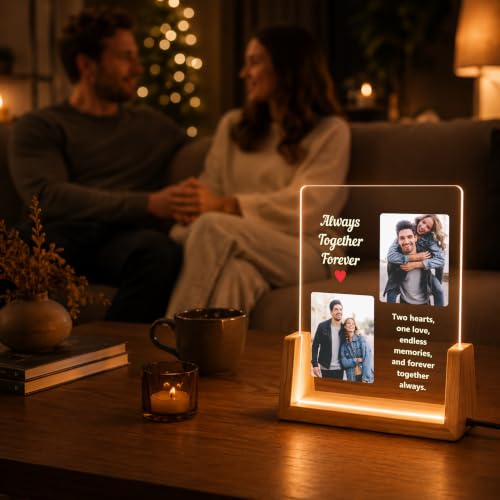 Image of Giftplease Personalized LED Acrylic Photo Frame with Custom Photos & Text | Engraved Acrylic Picture Lamp | USB Warm LED Night Light | Anniversary, Wedding, Birthday, Couple, Family, Home Decor