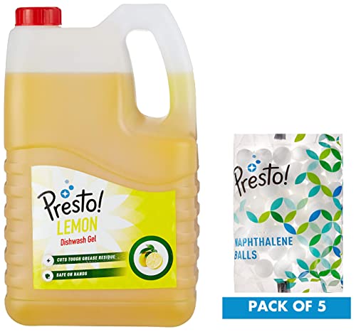 Image of Amazon Brand - Presto! Dishwash Gel - 5 L (Lemon) & Naphthalene Balls - 200 G (Pack Of 5)