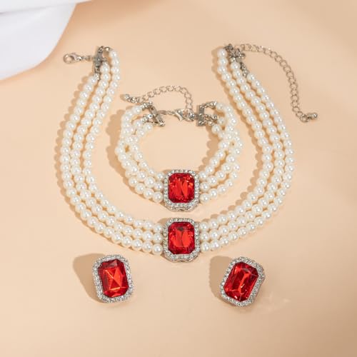 Juego de joyas rojo y verde para mujer con collar de perlas y pulsera elegante 4