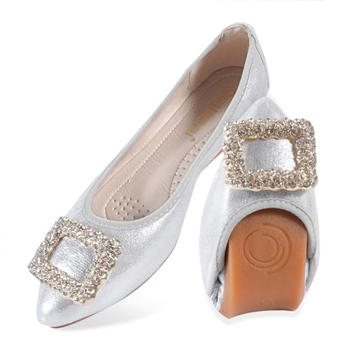 Women's Flats, Foldable Ballet Flats for Women, Fashion Buckle Pionted Toe Comfort Light Weight Slip-On Dress Shoes
