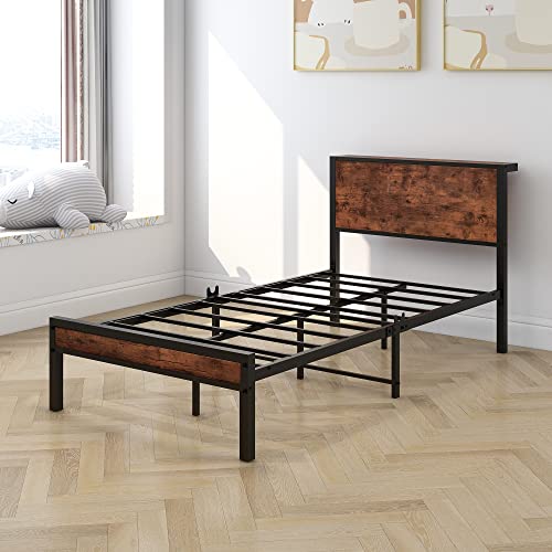 Diolong Twin Bed Frame With Wood Headboard And Footboard, Platform Bed Frame With Storage Shelf, Heavy Duty/Steel Slat Support Mattress Foundation/No Box Spring Needed/Vintage Brown #TOP5