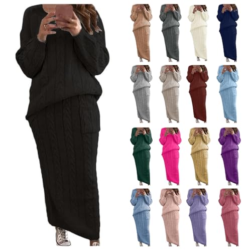 Women Sweater Sets Chunky Cable Knit 2 Piece Outfits Sweater Skirt Set Crewneck Pullover Top & Long Skirt Warm Suit3